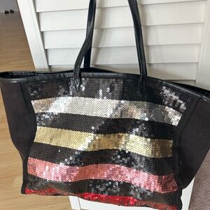 Victoria Secret Sequin Tote Bag Black Multicolor Striped Large Shoulder Bag